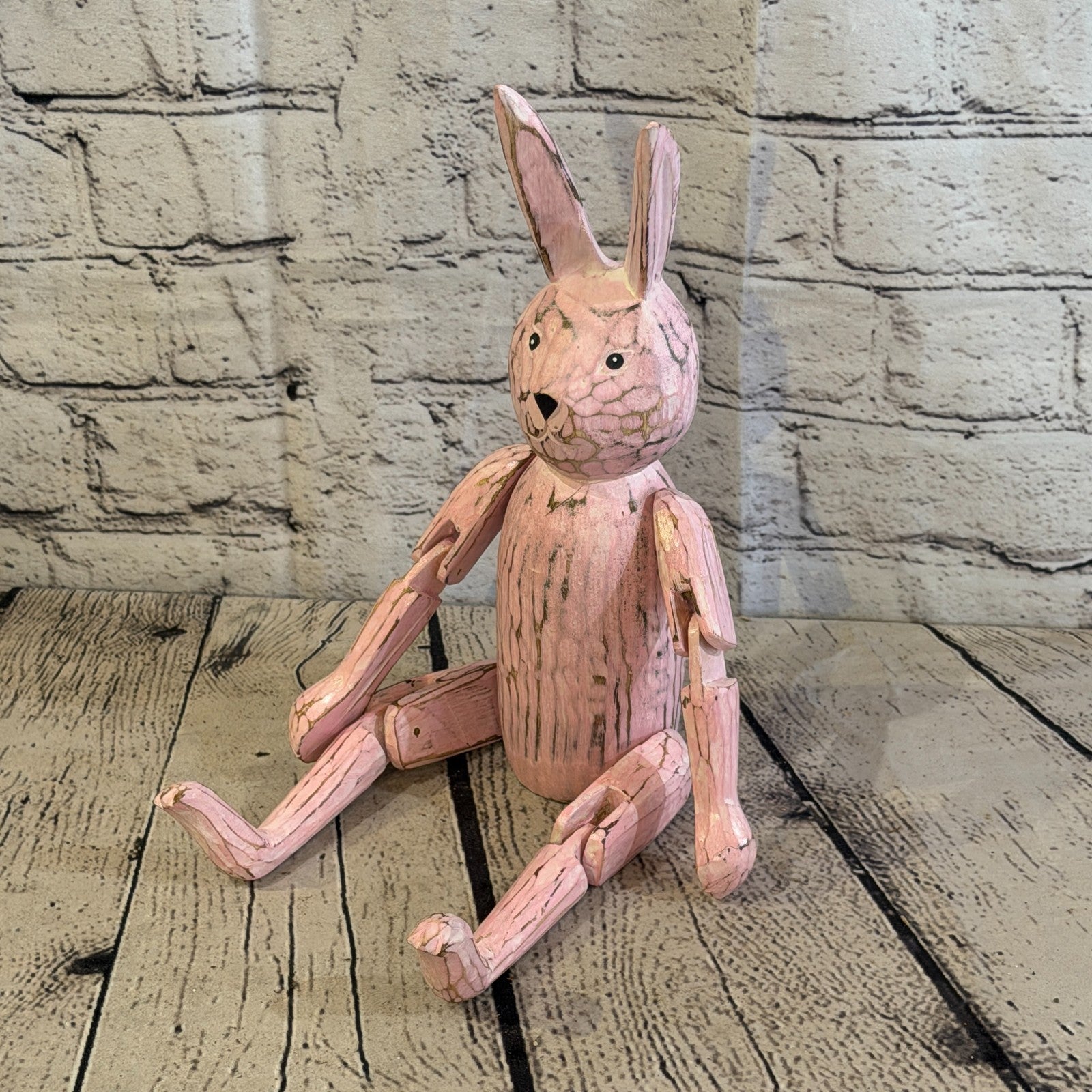 25cm Pink Bunny Rabbit Sitting Animal, Wooden Shelf Ornament Handmade Fairtrade0