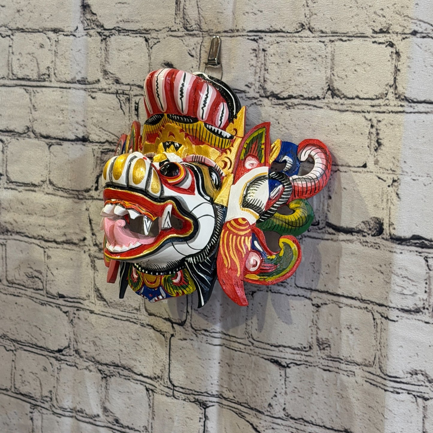 20cm Barong Wide White Demon Dragon Hindu Deity Wooden Hand Carved Mask Painted1