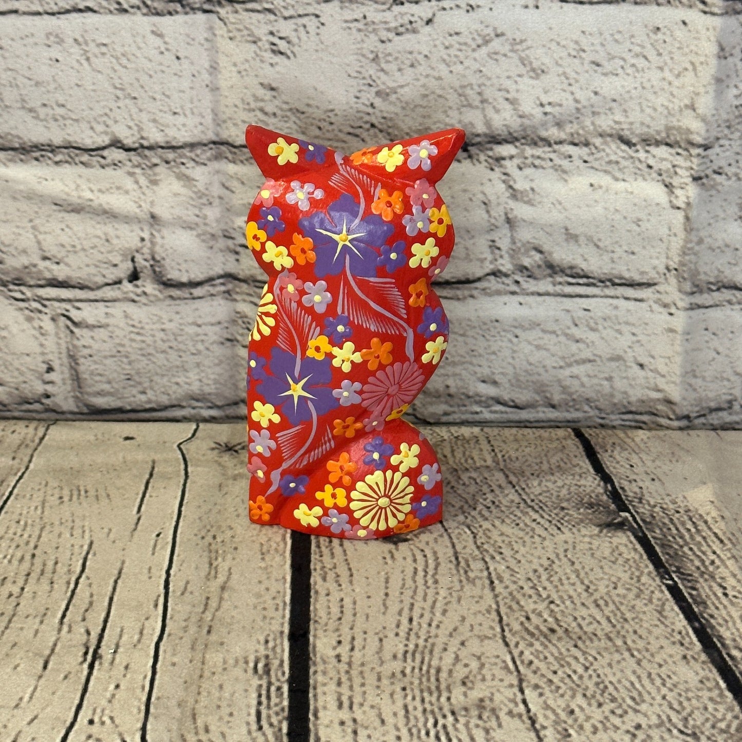 Red Small Wooden Owl With Flower Pattern 12cm x 8cm Handmade and Fairtrade4