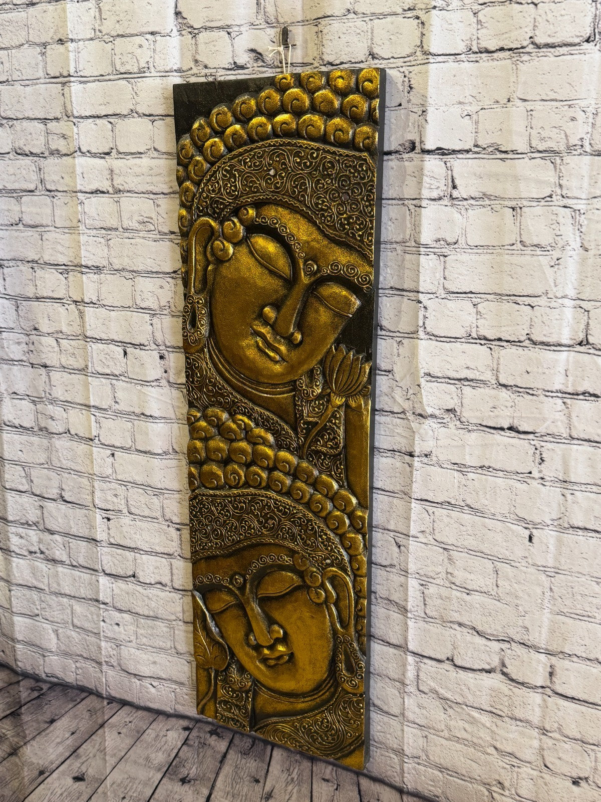 100cm x 30cm Gold Black 2 Buddha Wall Art Plaque Handcarved Wooden Wood Panel2