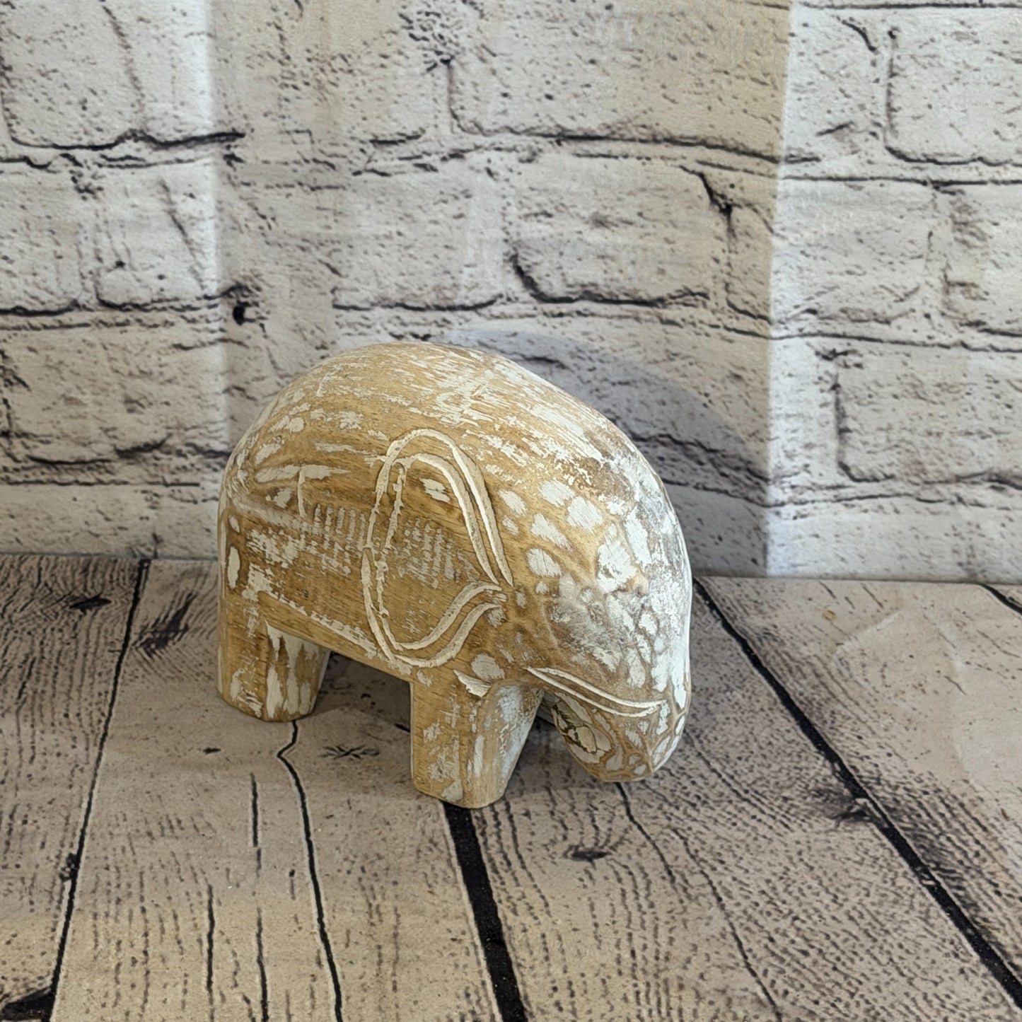10cm x 15cm White Wood Wooden Standing Elephant Hand Carved Painted Statue2