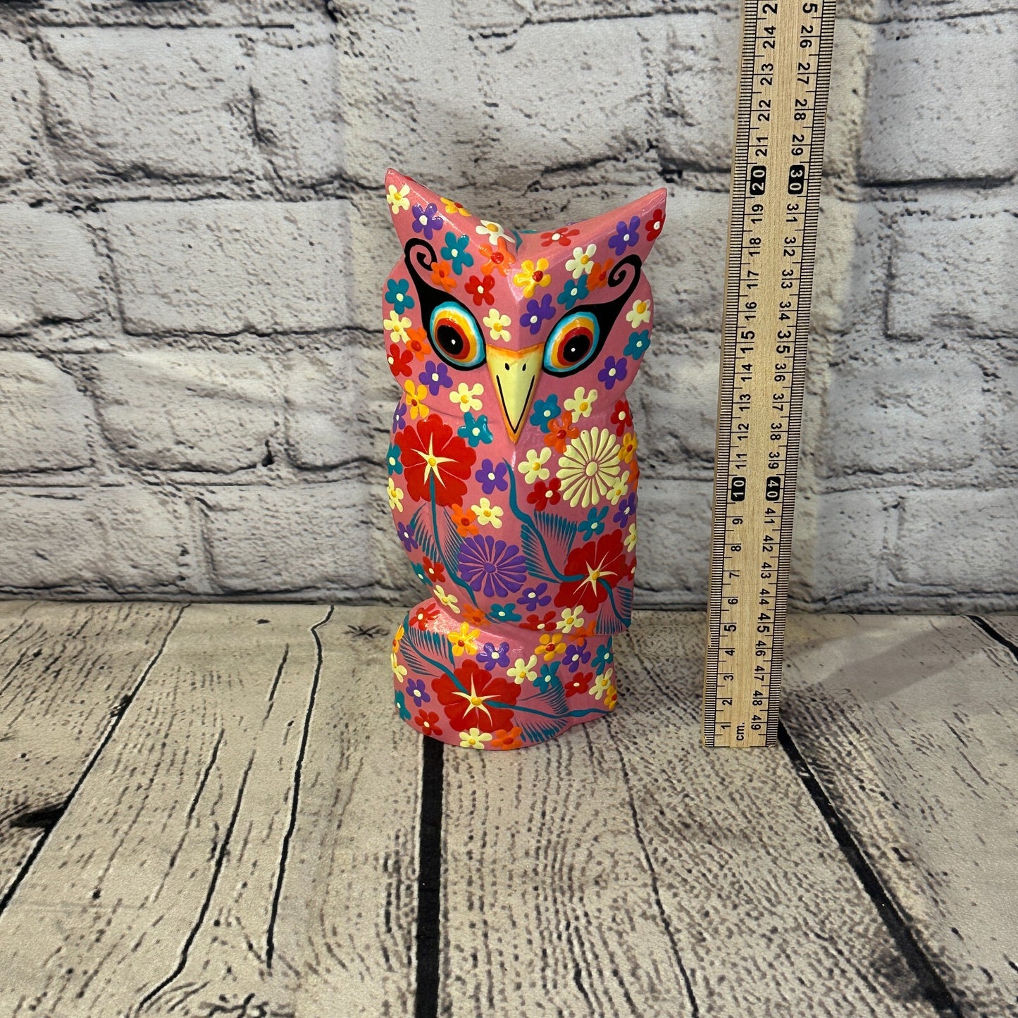 Pink Large Wooden Owl With Flower Pattern 20cm x 8cm Handmade and Fairtrade5