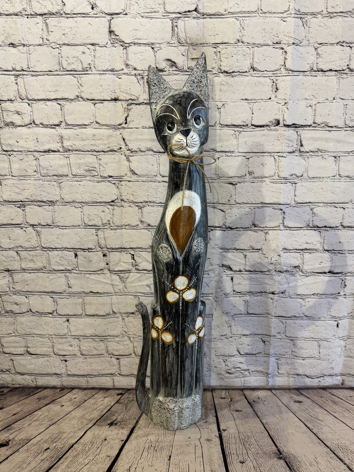 80cm Grey Silver Dots Wooden Shabby Cat Statue Ornament Fair Trade Handcarved0