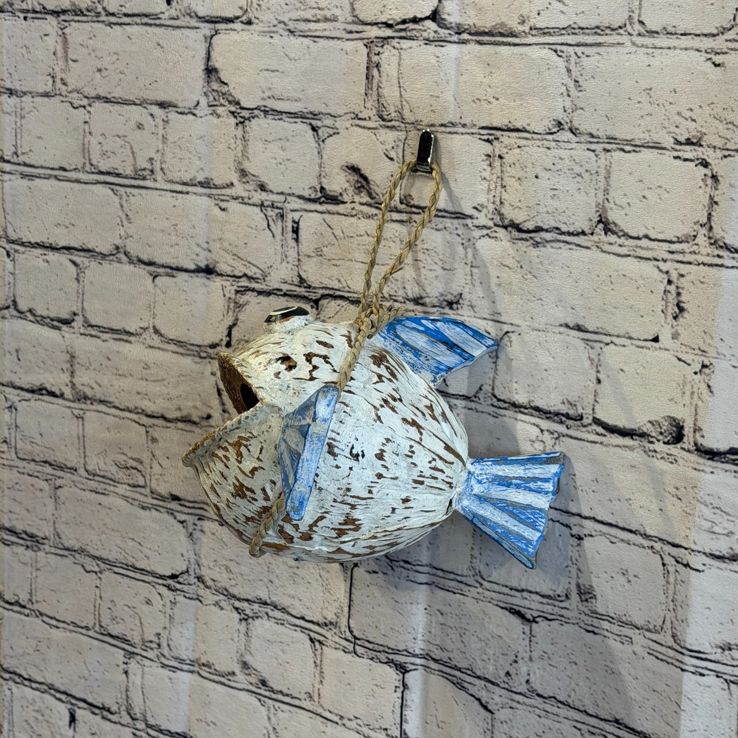 White Blue Fins Folk Art Painted Shark Fish Coconut Shell Ornaments Hanging9