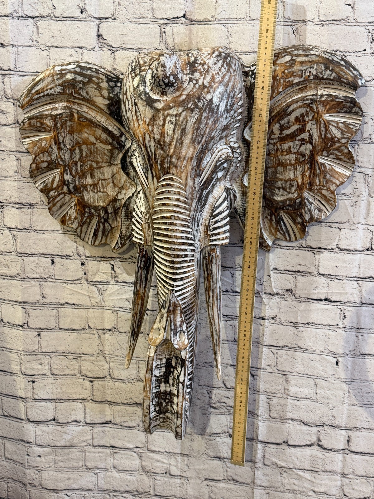 80cm x 65cm Brown Carved Wood Elephant Head Wall Mounted Art Large Shabby4