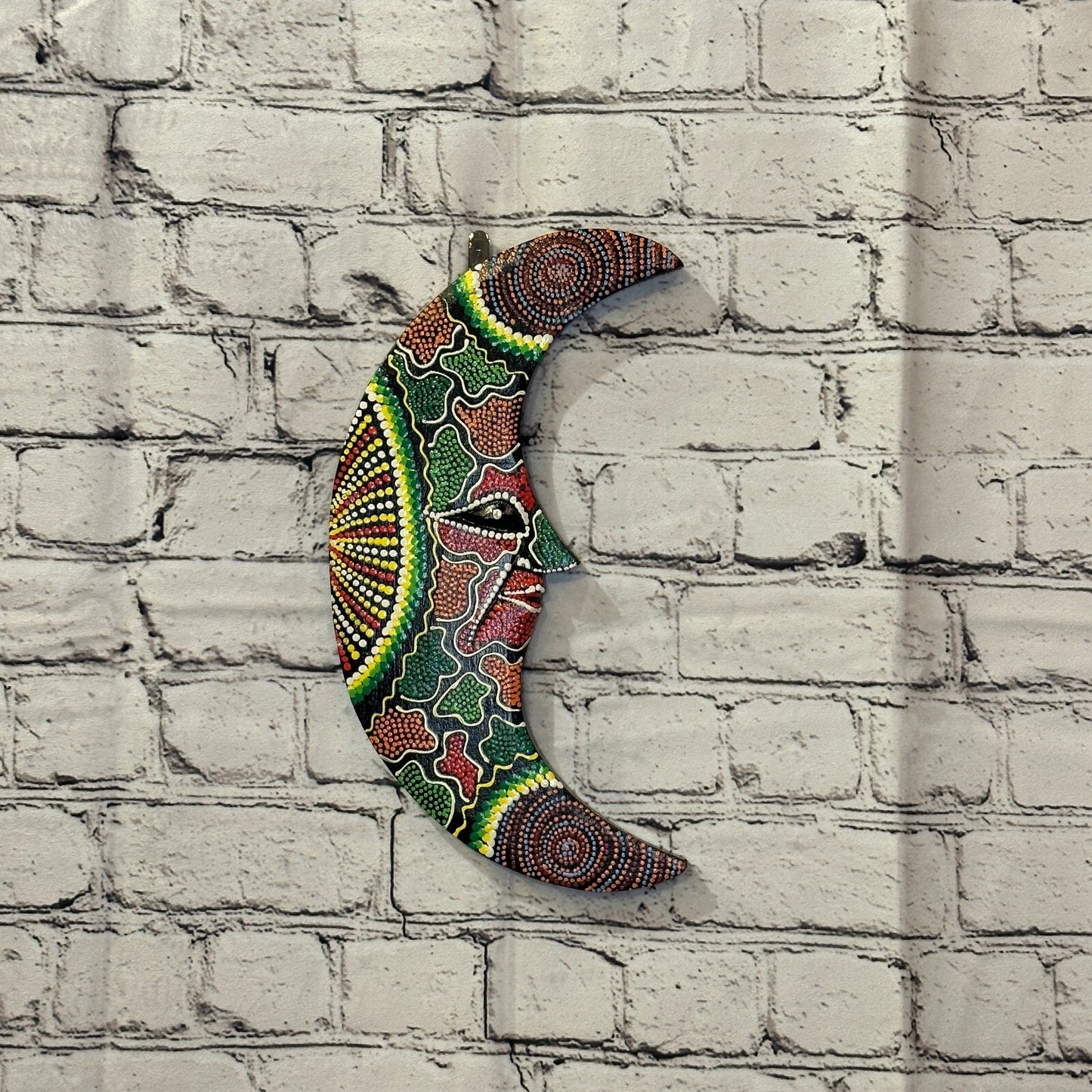 30cm Crescent Moon Carved Wooden Dot Painted Ethnic Tribal Tiki Wall Art No 12