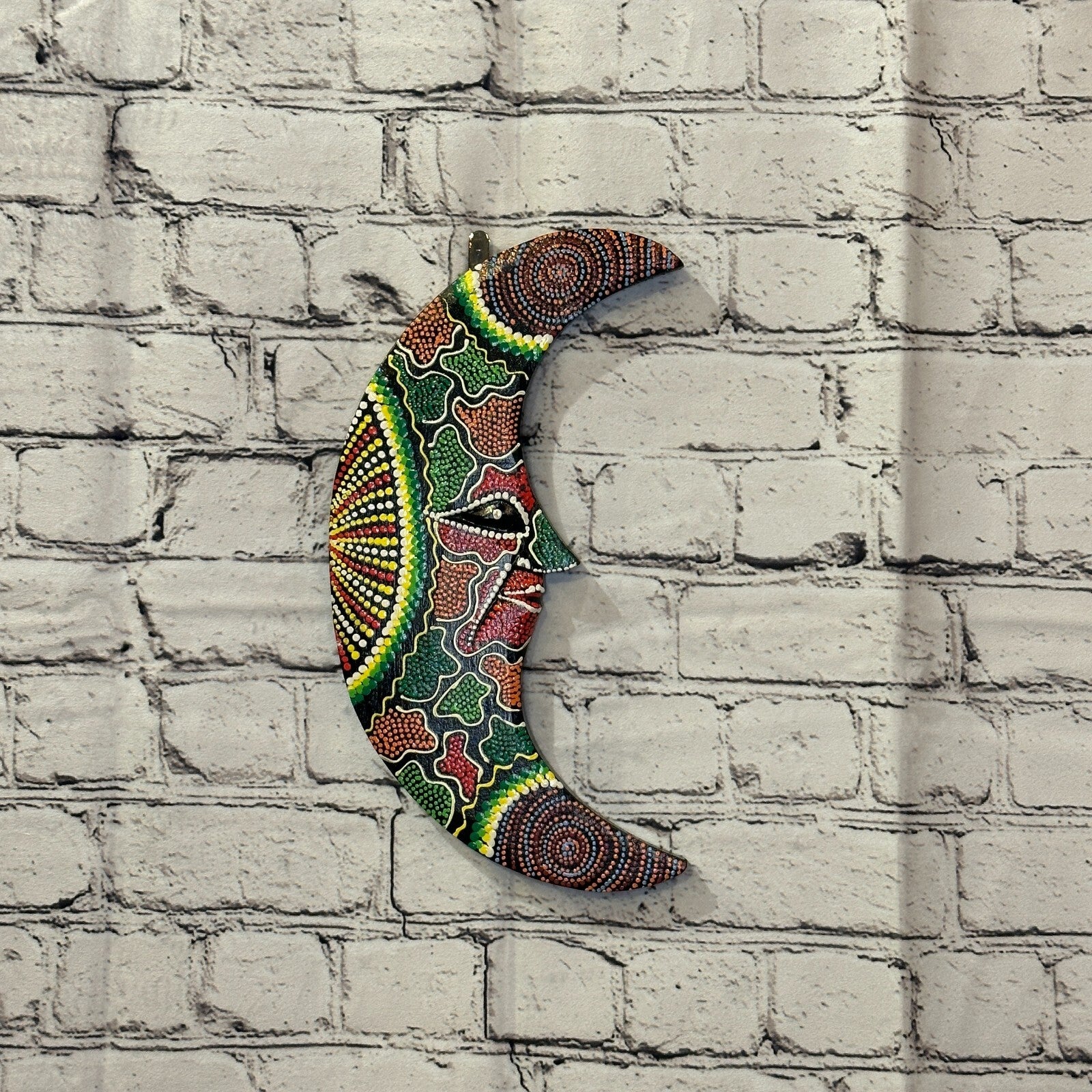 30cm Crescent Moon Carved Wooden Dot Painted Ethnic Tribal Tiki Wall Art No 12