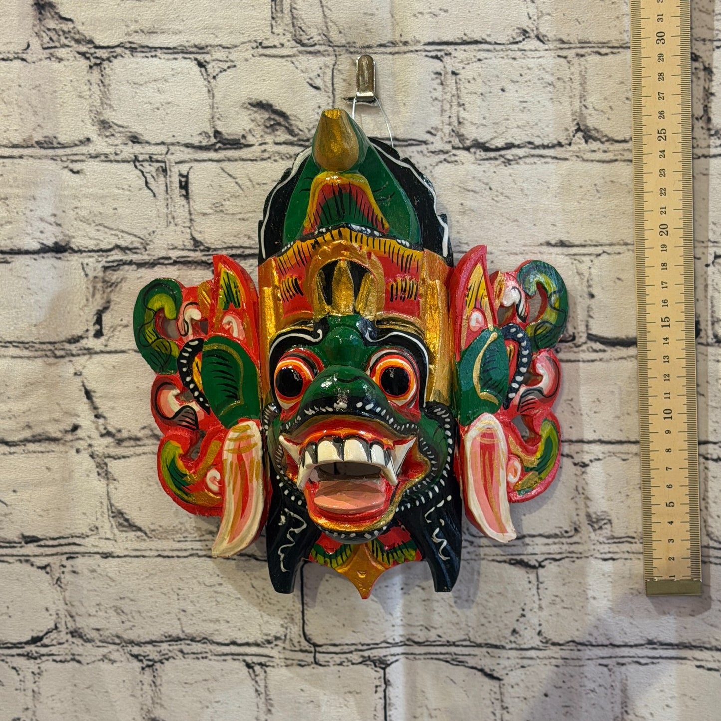 25cm Barong Crown Green Demon Dragon Hindu Deity Wooden Hand Carved Mask Painted5