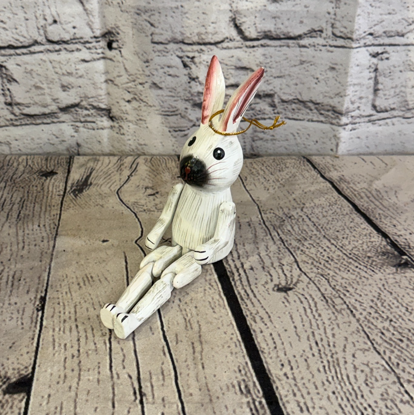 10cm White Bunny Rabbit Sitting Animal, Wooden Shelf Ornament Handmade Fairtrade0