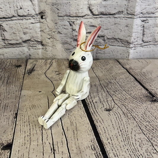 10cm White Bunny Rabbit Sitting Animal, Wooden Shelf Ornament Handmade Fairtrade0