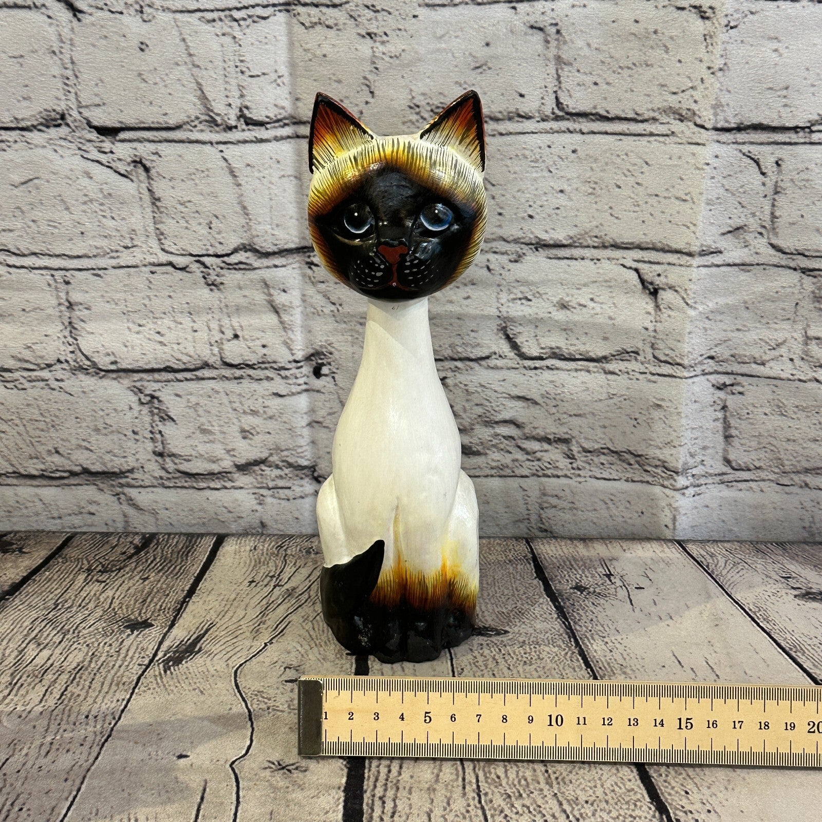 25cm x 7cm Siamese Sitting Bobble Style Painted Wooden Hand Carved Cat Wooden7