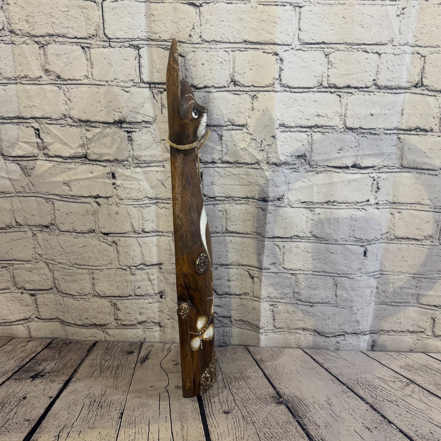 50cm Brown Silver Dots Wooden Shabby Cat Statue Ornament Fair Trade Handcarved3