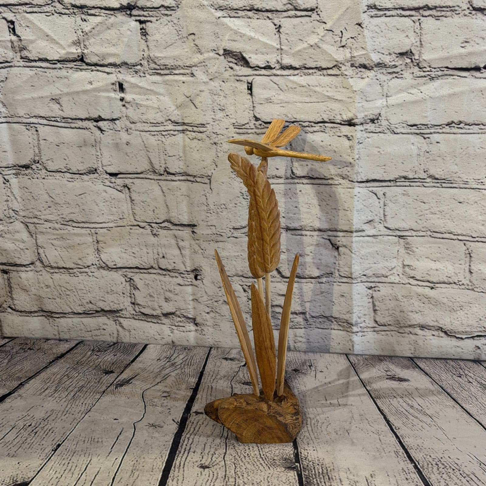 35cm Dragonfly Wheat Reeds Stand Parasite Wood Ornament Natural Carving Wooden3