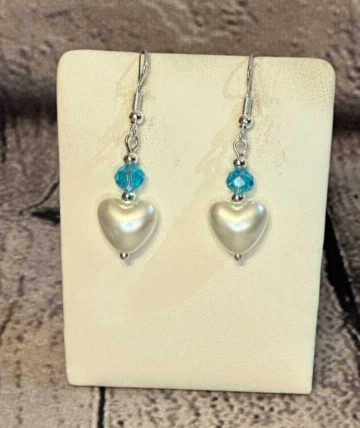Blue Crystal And White Heart Shaped Dangle Drop Earrings Handmade UK Jewellery0