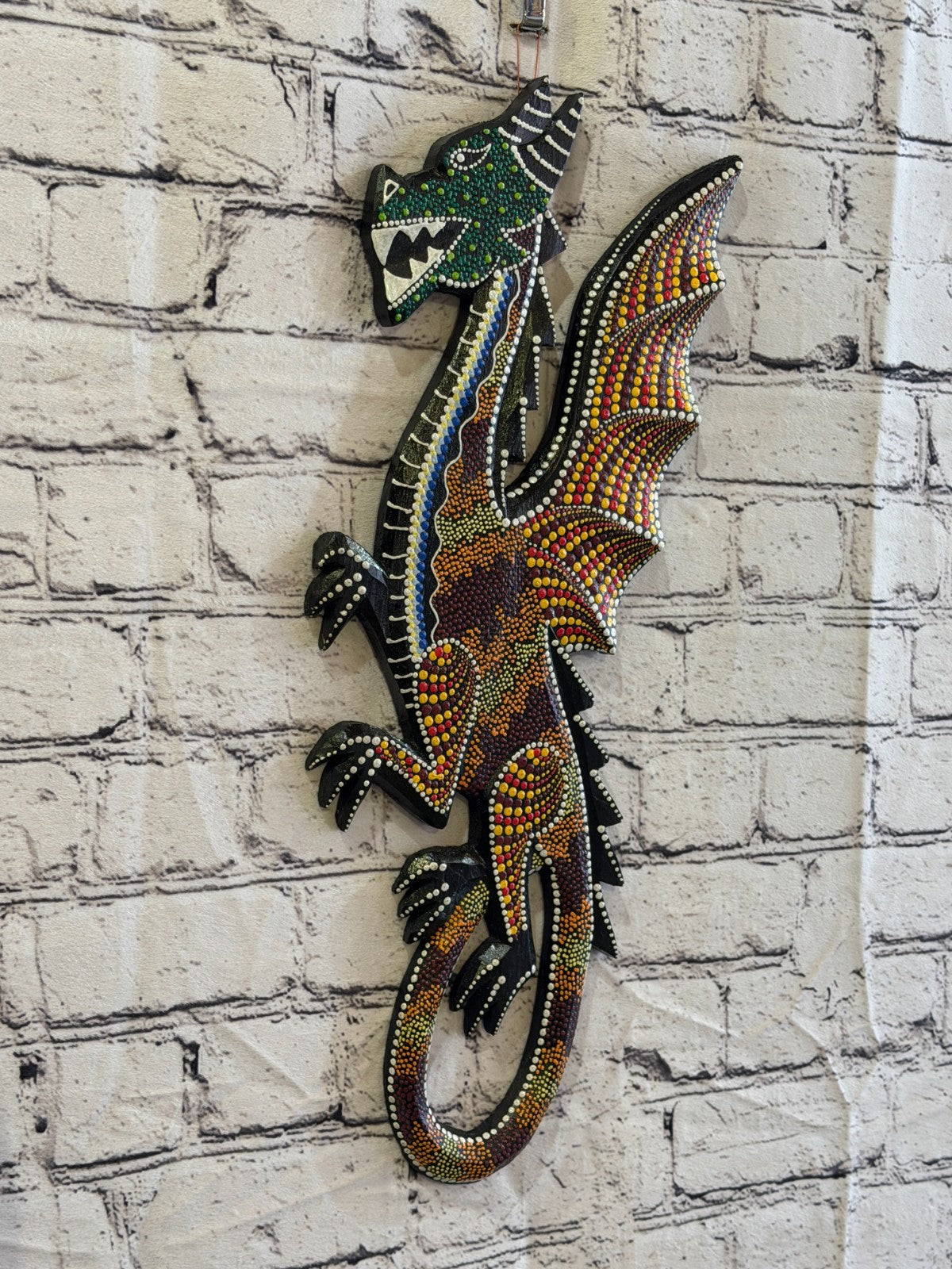 45cm Dragon Carved Wooden Dot Painted Ethnic Tribal Tiki Wall Art No 40