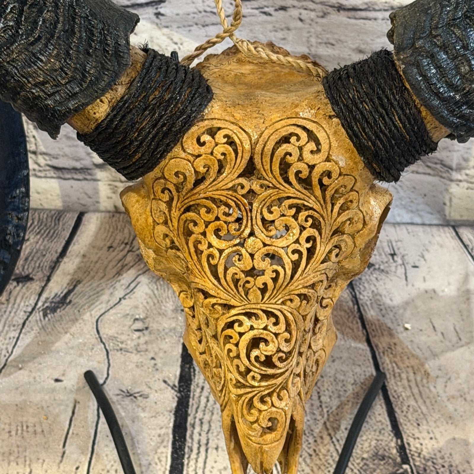 30cm Carved Buffalo Ram Wild Skulls Wall Hanging Carved With Stand Design 25