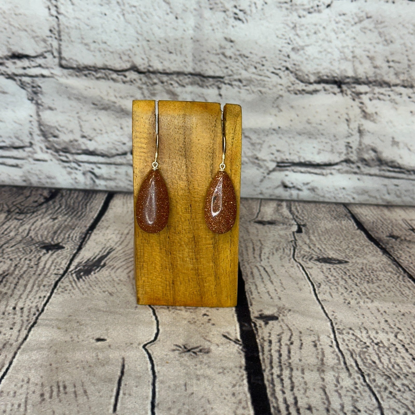 Gold Goldstone Teardrop Stone 925 Silver Dangle Drop Earrings Handmade Jewellery0