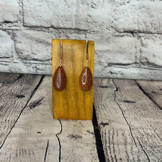 Gold Goldstone Teardrop Stone 925 Silver Dangle Drop Earrings Handmade Jewellery0