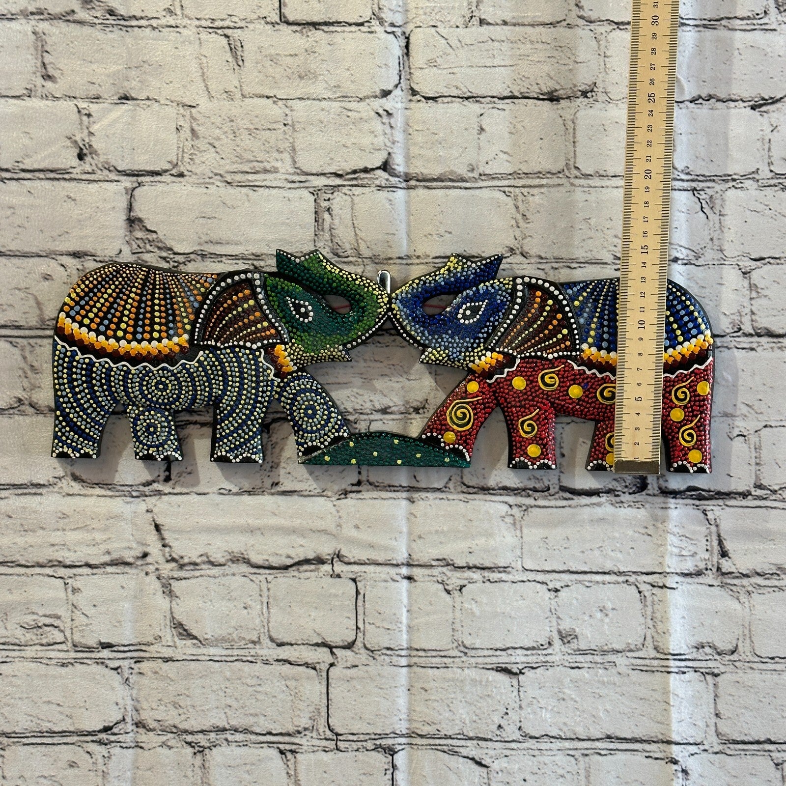 45cm 2 Elephants Carved Wooden Dot Painted Ethnic Tribal Tiki Wall Handmade No 24