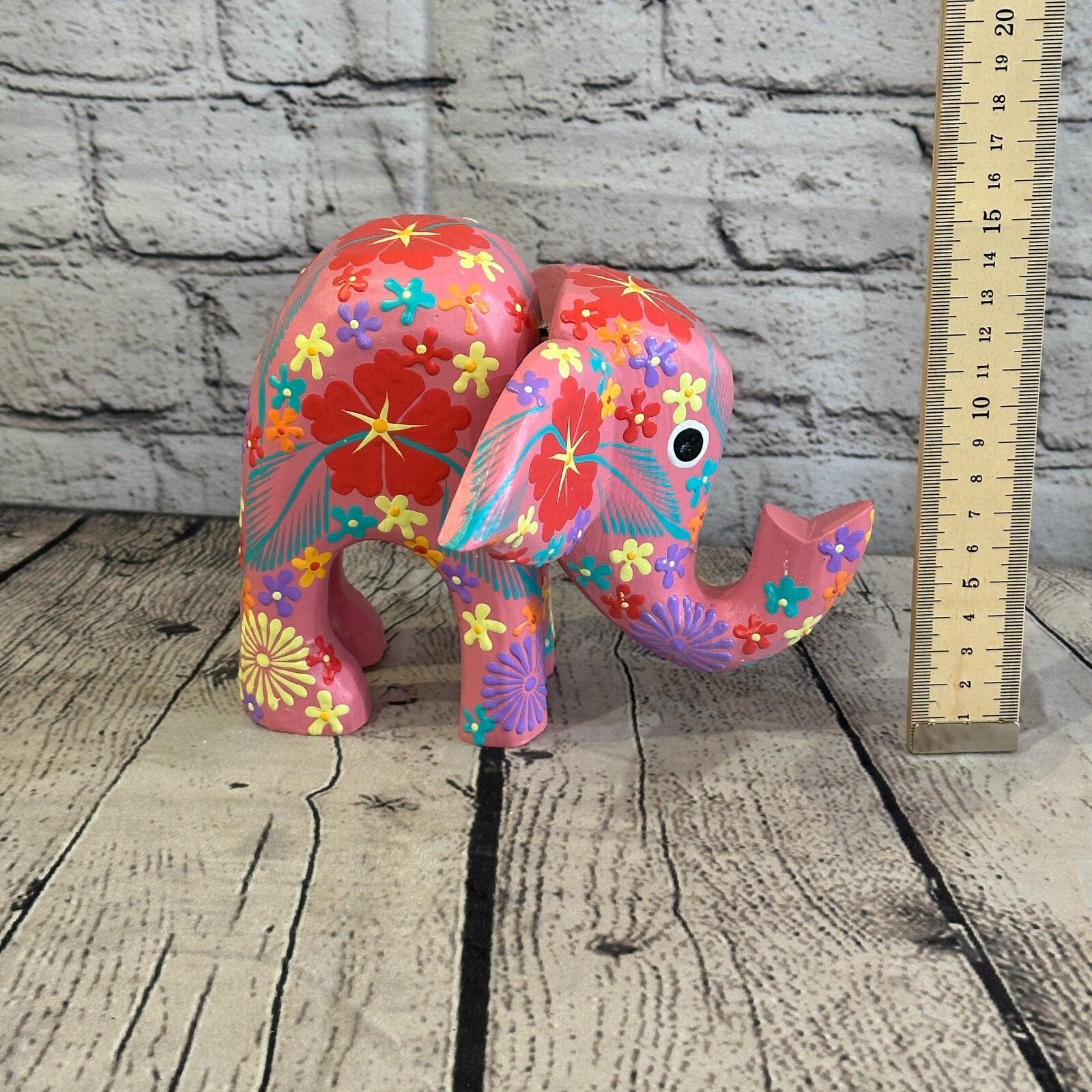Pink Wooden Elephant With Flower Pattern 15cm x 18cm Handmade and Fairtrade6
