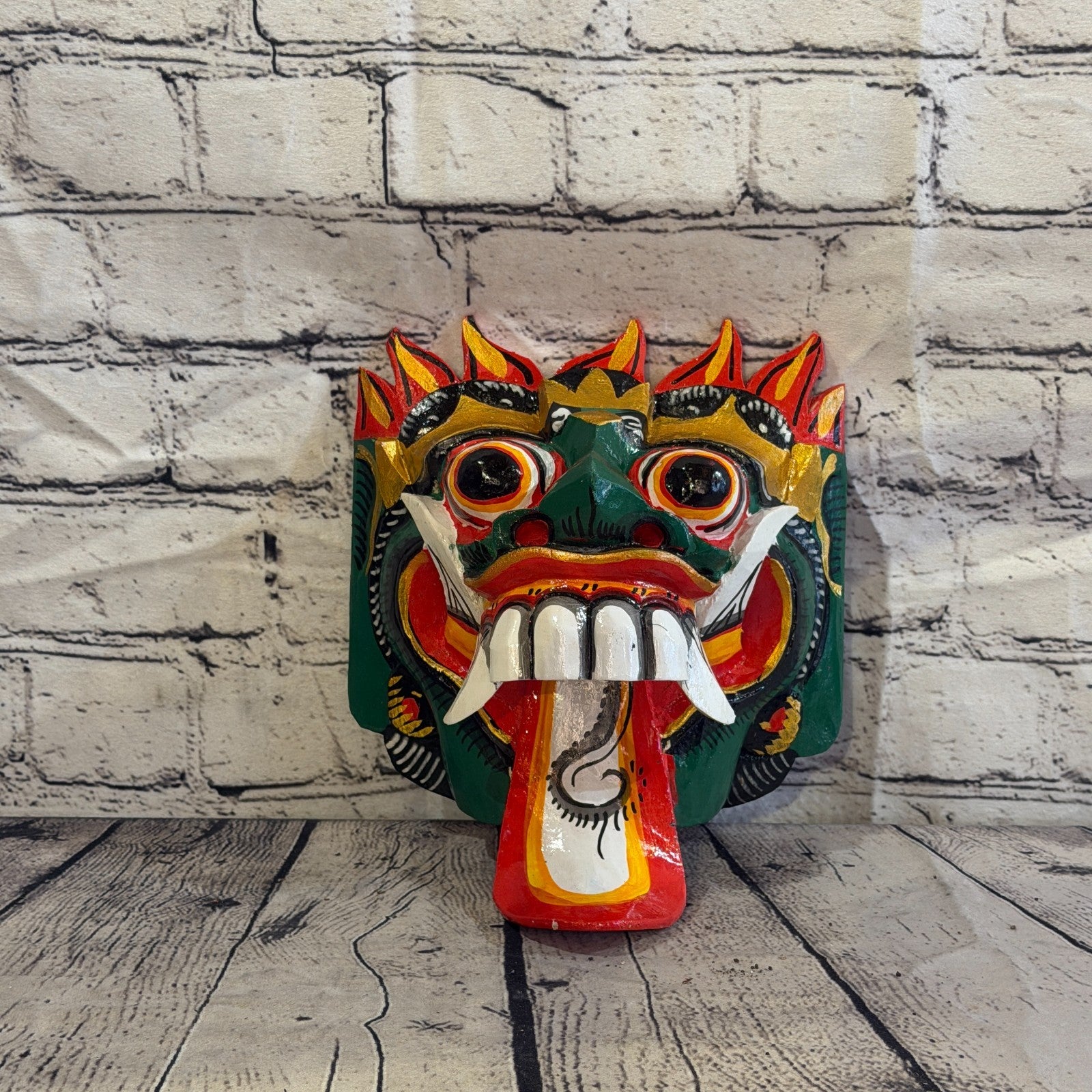 25cm Rangda Demon Green Dragon Hindu Deity Wooden Hand Carved Mask Painted2