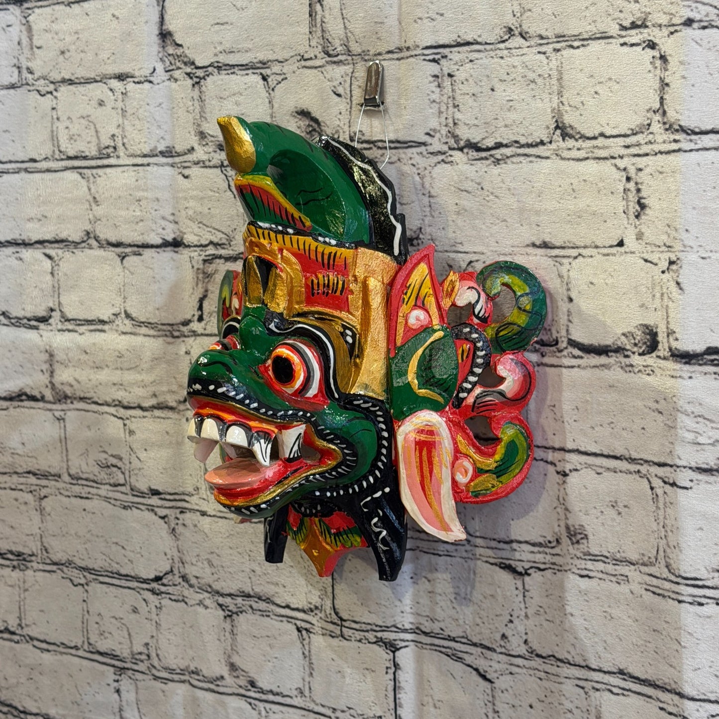 25cm Barong Crown Green Demon Dragon Hindu Deity Wooden Hand Carved Mask Painted1