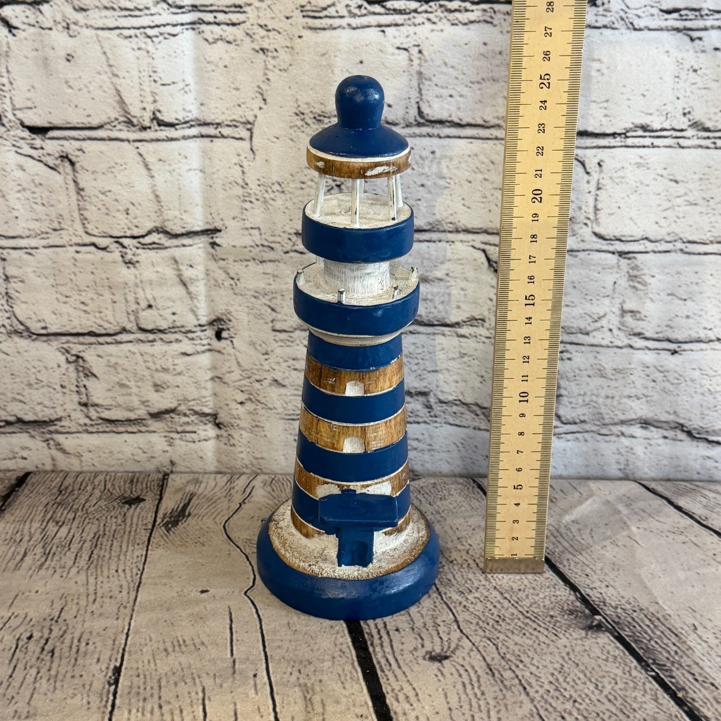 25cm Blue White Wooden Lighthouse Detailed Ornament Nautical Coastal Sculpture3