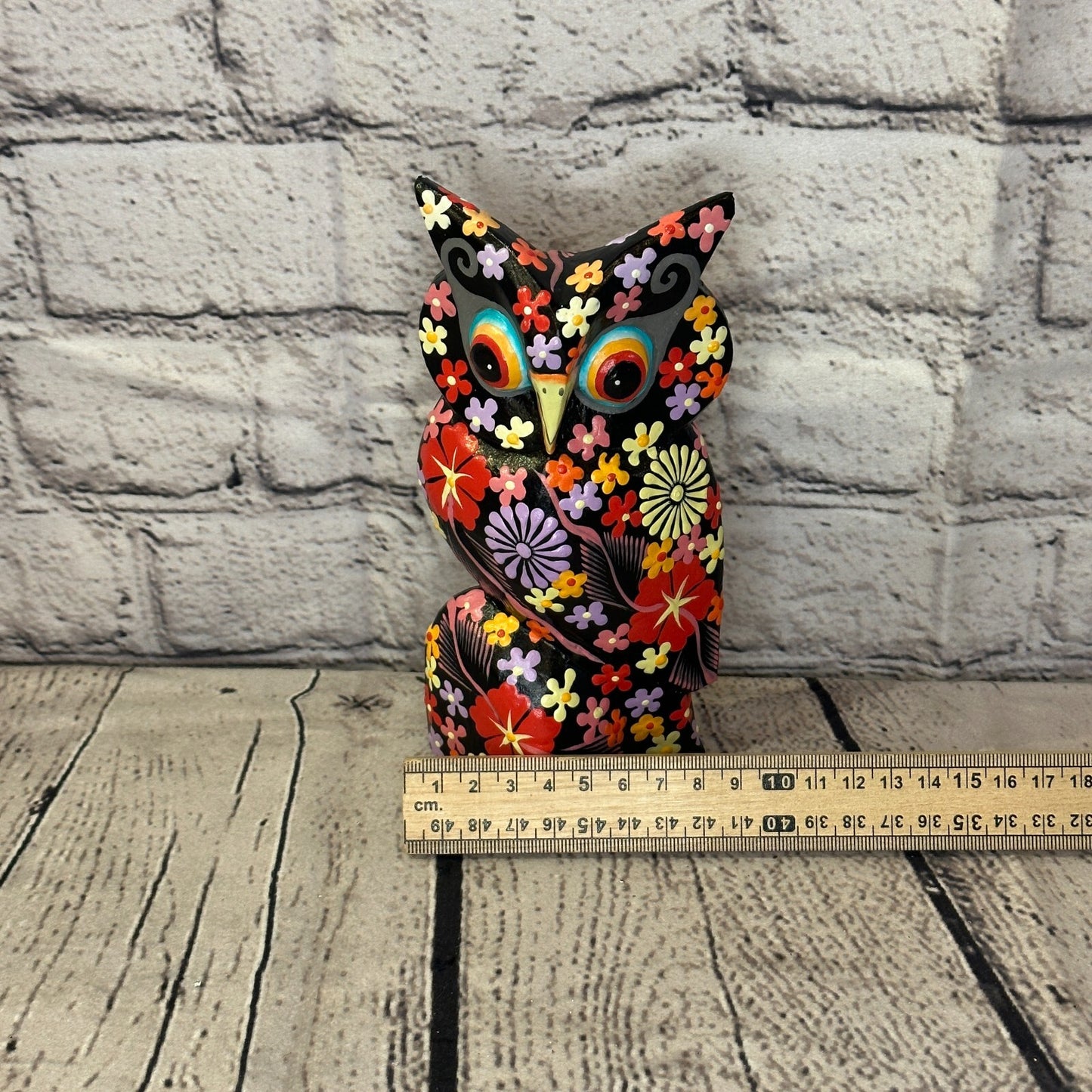 Black Medium Wooden Owl With Flower Pattern 15cm x 8cm Handmade and Fairtrade6