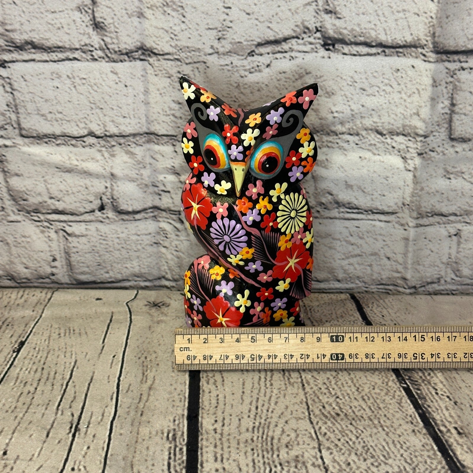 Black Medium Wooden Owl With Flower Pattern 15cm x 8cm Handmade and Fairtrade6