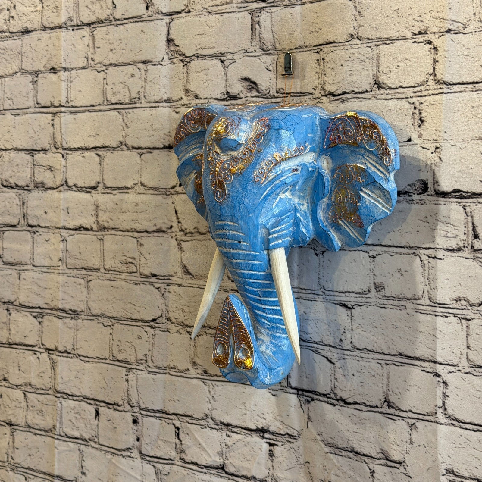 30cm x 30cm Blue Gold Painted Wood Elephant Head Wall Mounted Art Shabby1