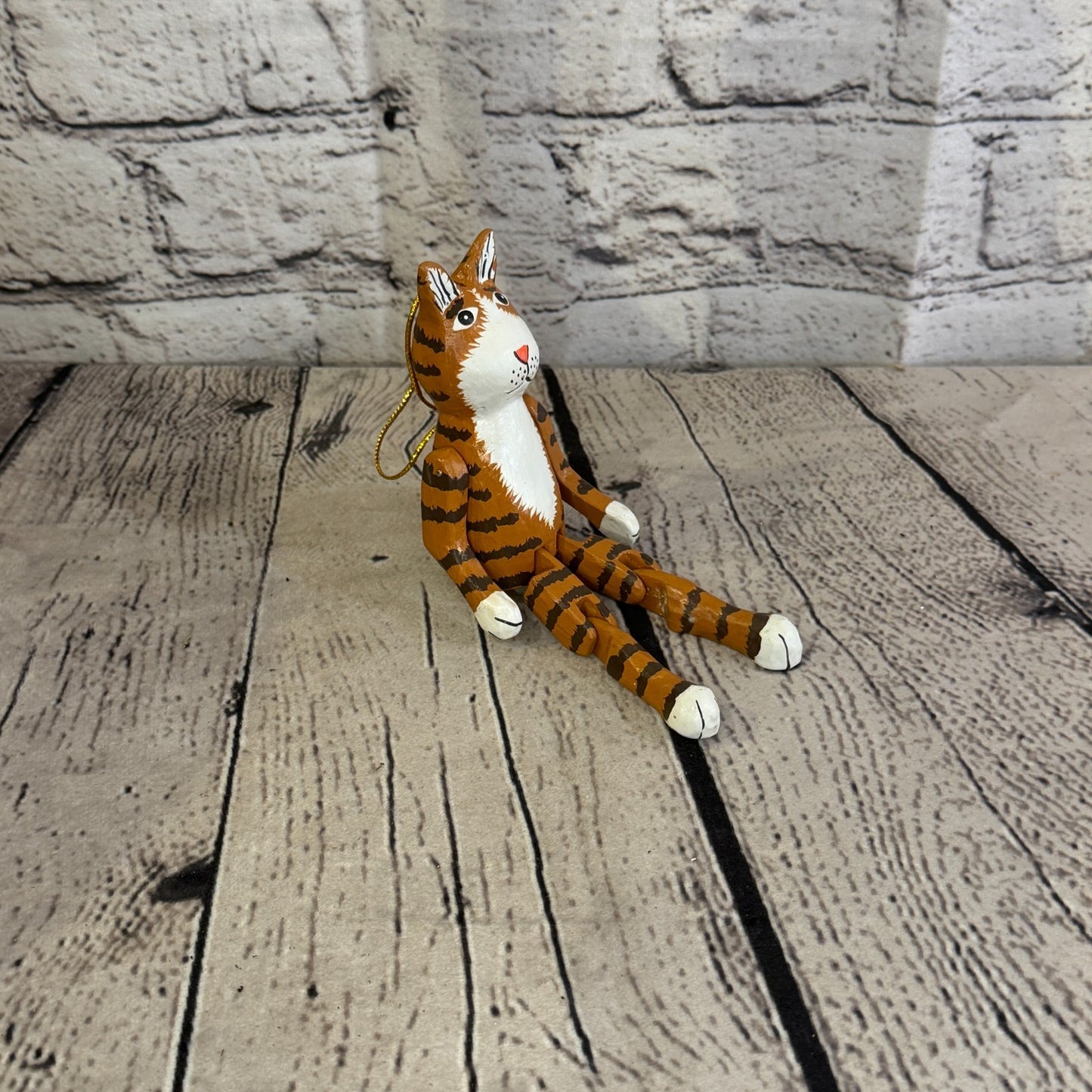 10cm Brown Tabby Cat Sitting Animal, Wooden Shelf Ornament Handmade Fairtrade2