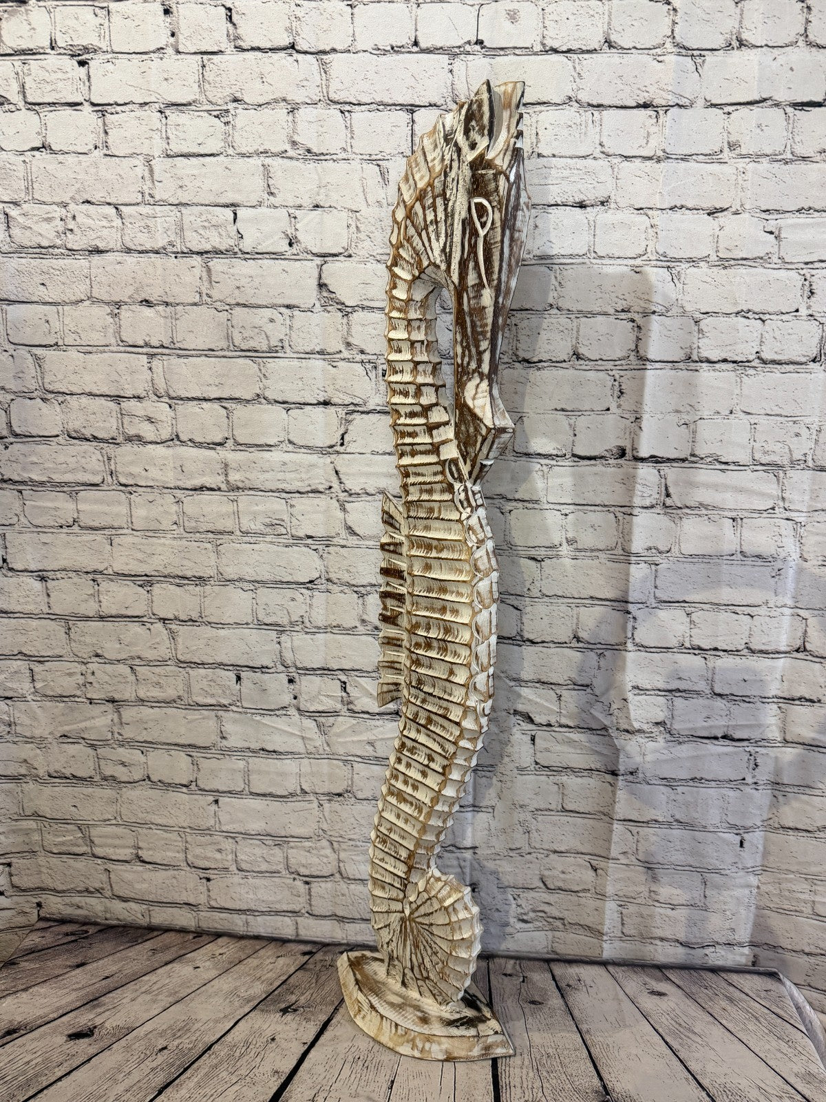 100cm Brown Wooden Shabby Seahorse Statue Ornament Fair Trade Handcarved2