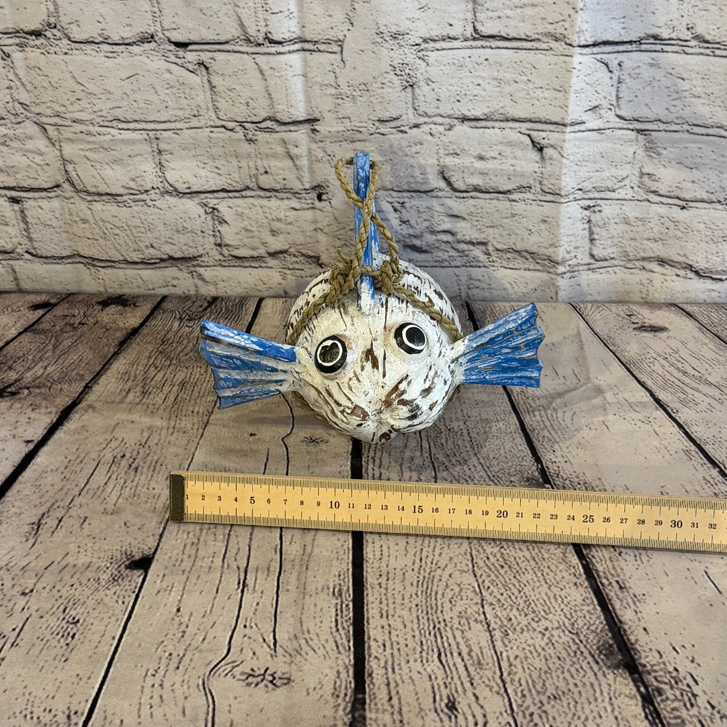 White Blue Fins Folk Art Painted Puffer Fish Coconut Shell Ornaments Hanging7