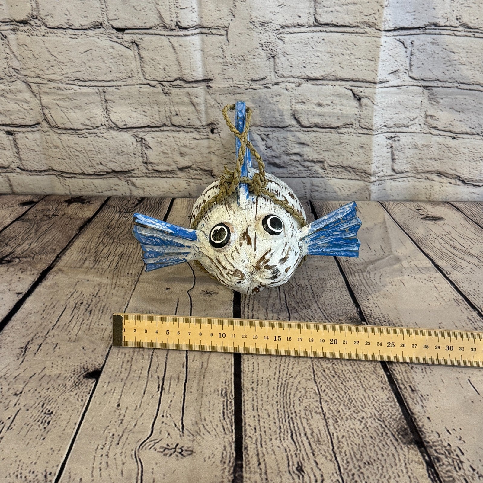 White Blue Fins Folk Art Painted Puffer Fish Coconut Shell Ornaments Hanging7