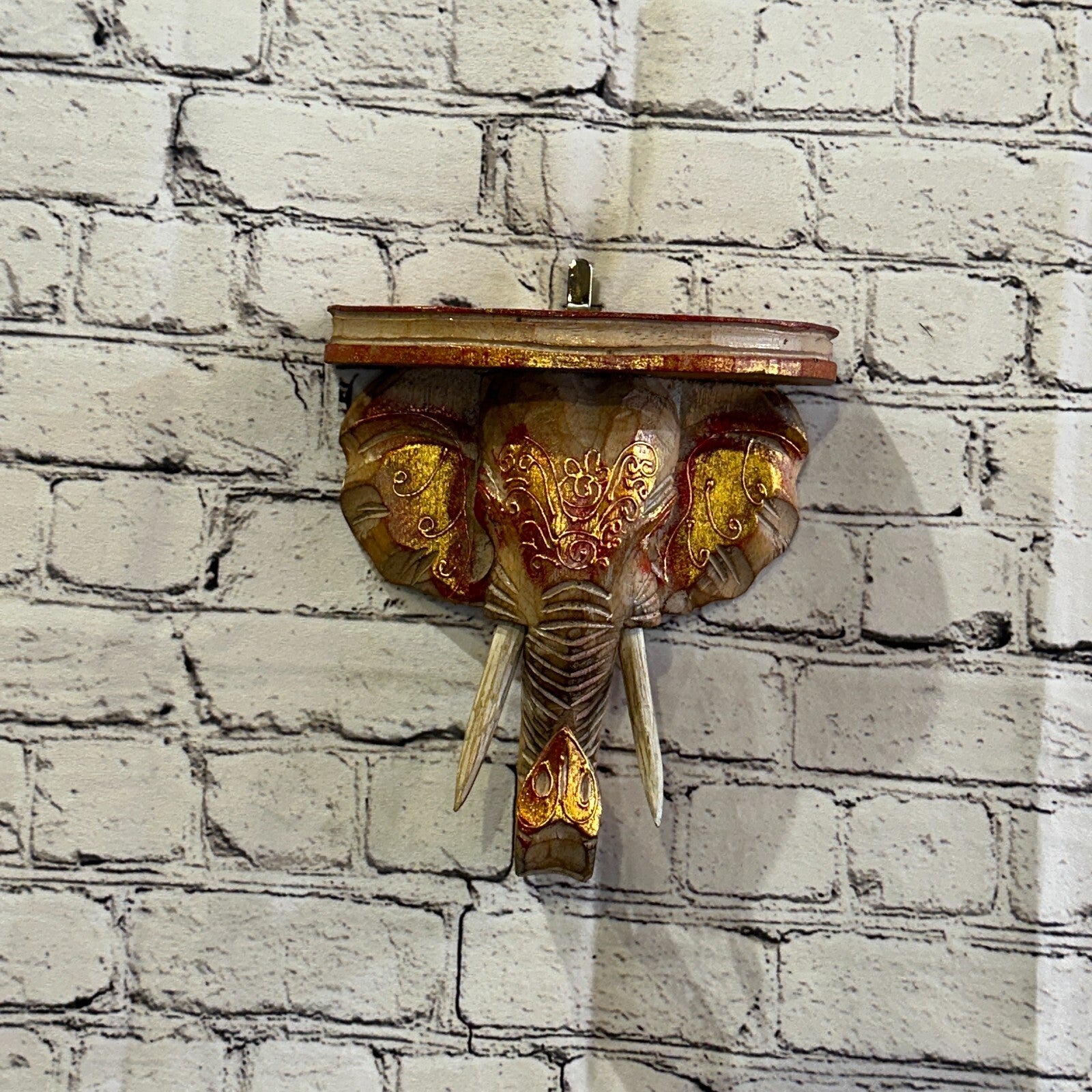 20cm x 20cm Brown Gold Shelf Wood Elephant Head Wall Mounted Art Large Shabby2