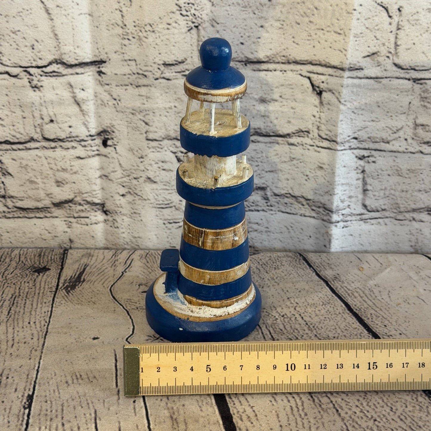 25cm Blue White Wooden Lighthouse Detailed Ornament Nautical Coastal Sculpture5