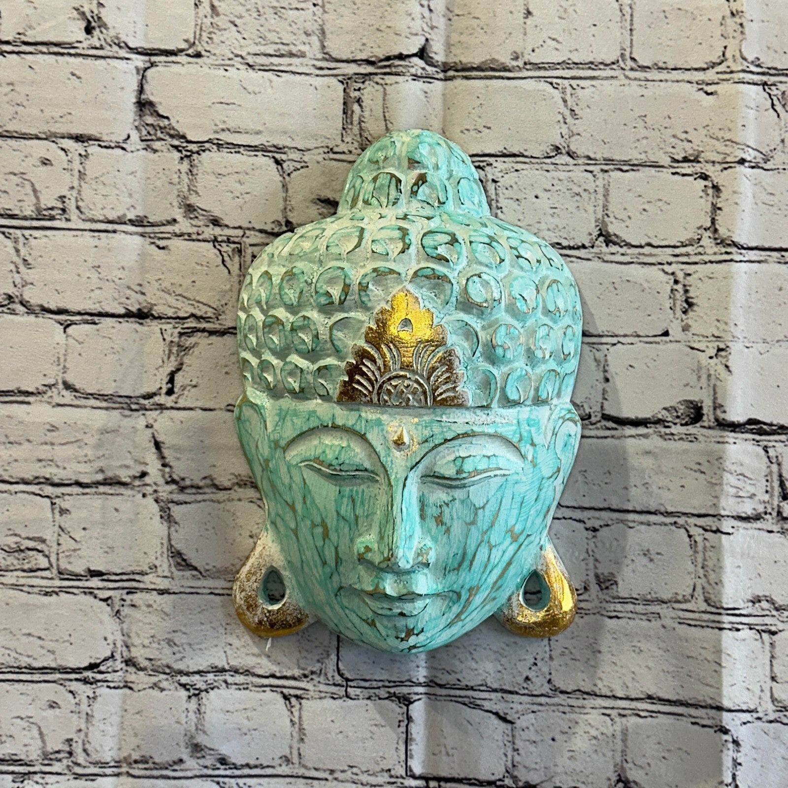30cm x 20cm Green Buddha Head Mask Wooden Hanging Statue Figurine Ornament2