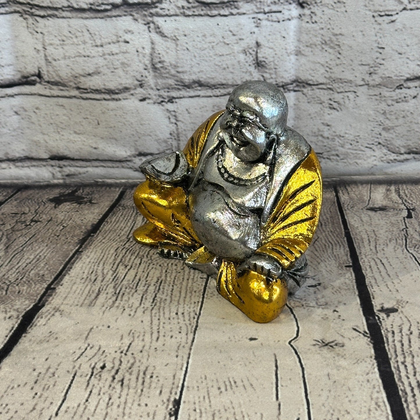 Silver And Gold 12cm x 12cm Large Chinese Buddha Sitting On Lotus Statue Resin1