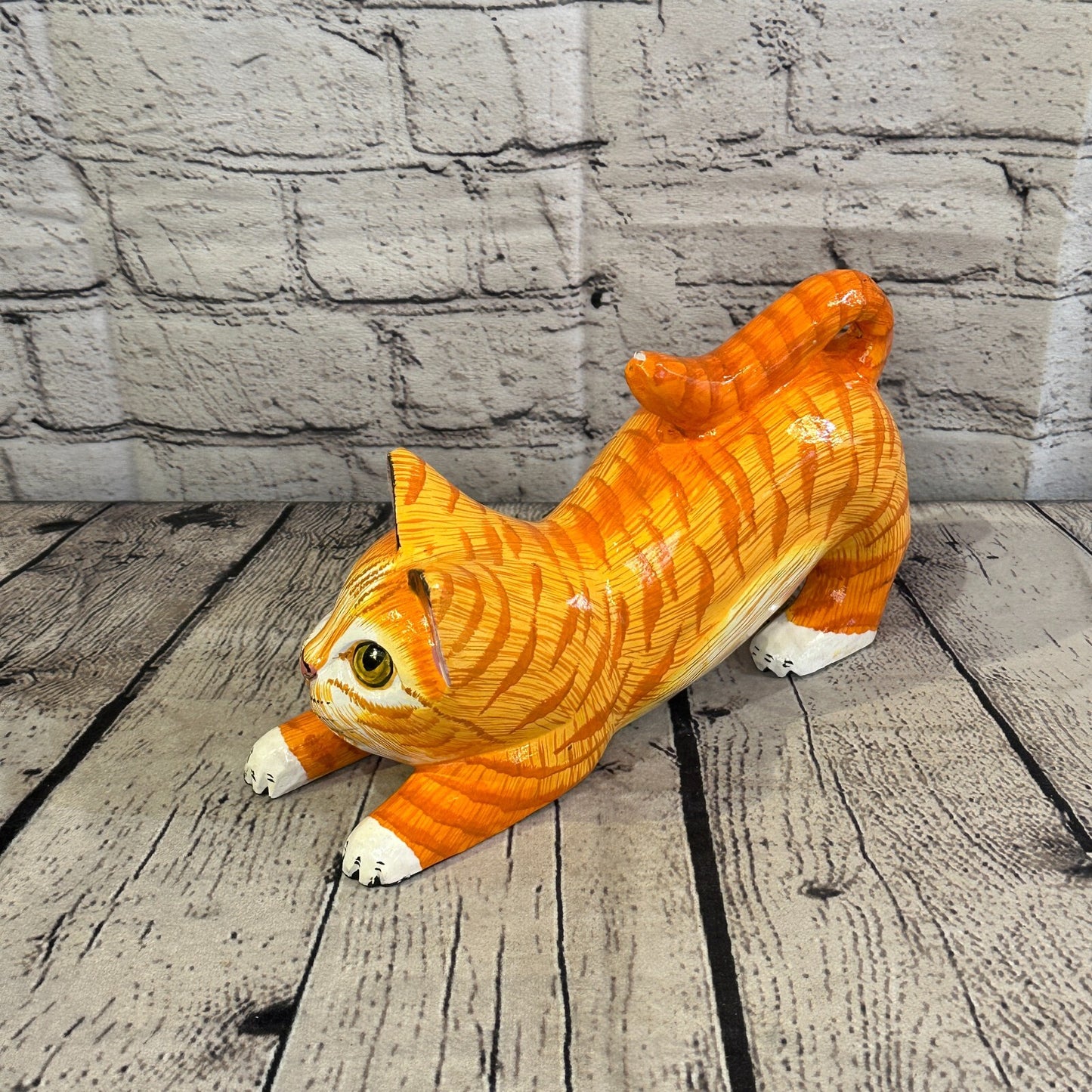 22cm x 14cm Orange Tabby Style Painted Wooden Hand Carved Stretching Cat Wooden1