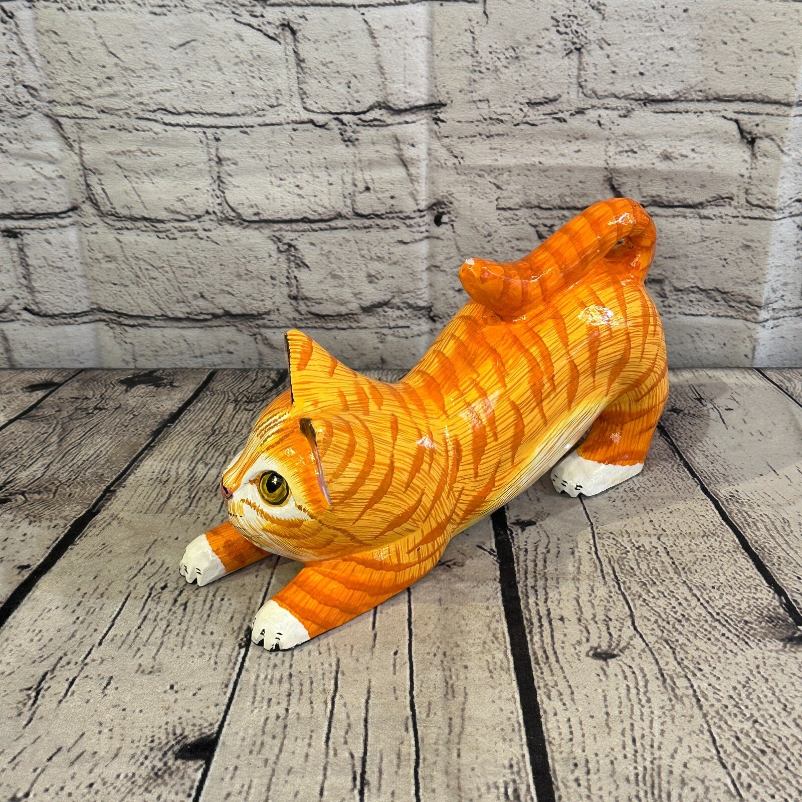 22cm x 14cm Orange Tabby Style Painted Wooden Hand Carved Stretching Cat Wooden1