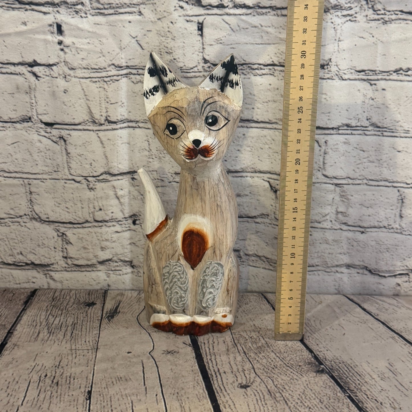 30cm White Dots Wooden Shabby Cat Statue Ornament Fair Trade Handcarved5