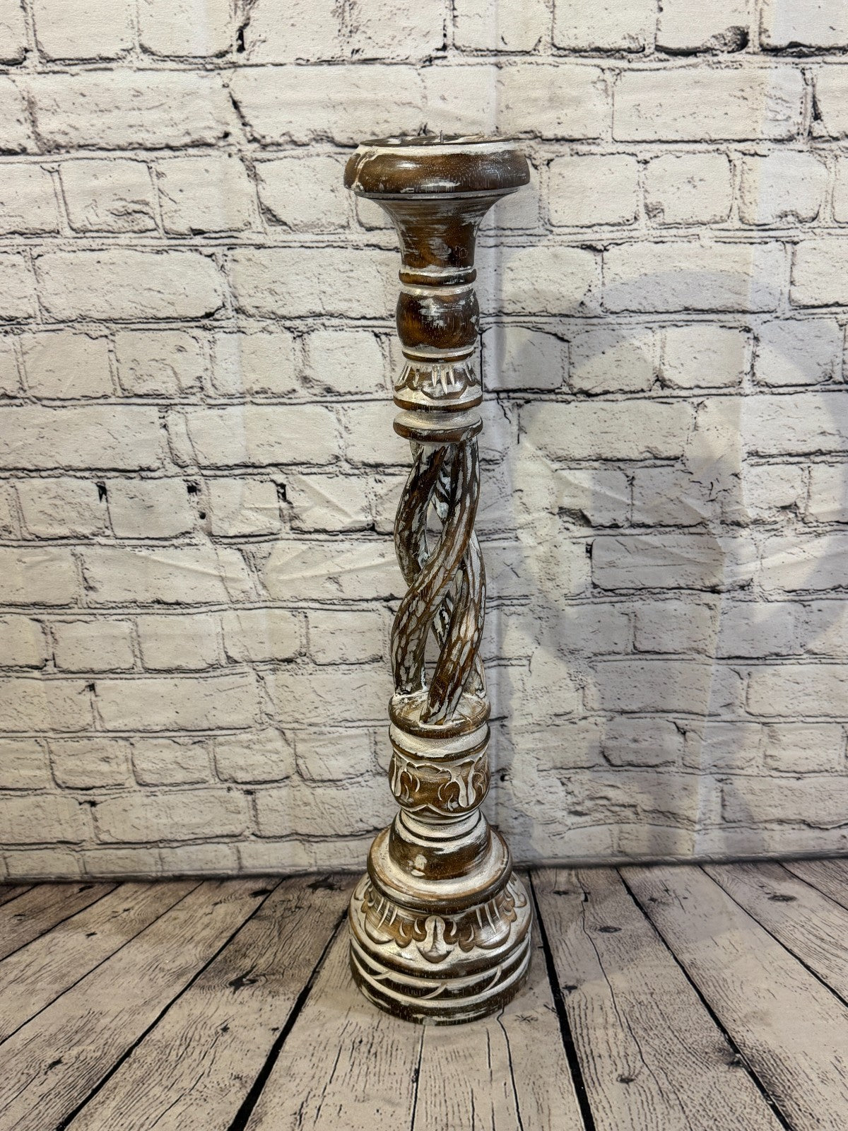 60cm x 15cm Brown Twist Wooden Vintage Style Candle Stand Shabby Pillar Holders1