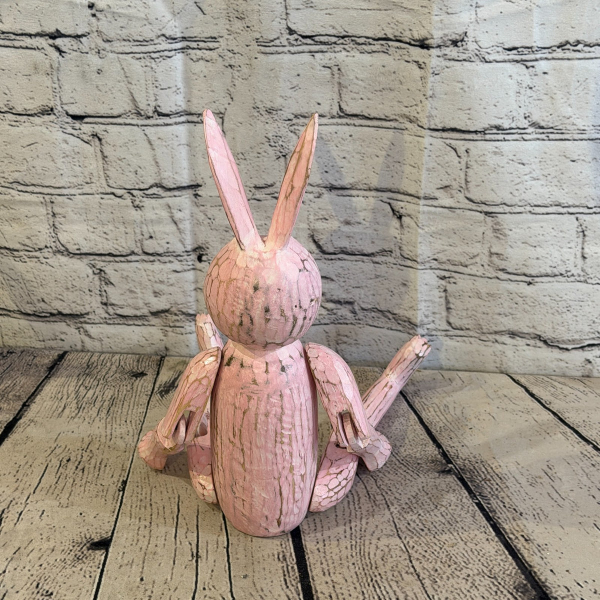 30cm Pink Bunny Rabbit Sitting Animal, Wooden Shelf Ornament Handmade Fairtrade4