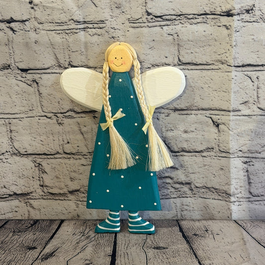 25cm Teal Wall Hanging Angel Figurine Folk Art Wood Fabric Baltic Handmade0