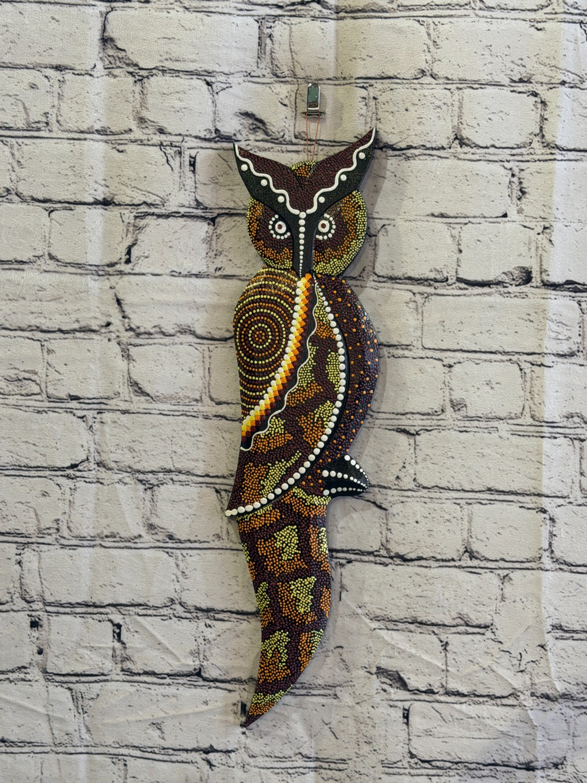 45cm Owl Bird Carved Wooden Dot Painted Ethnic Tribal Tiki Wall Art No 32