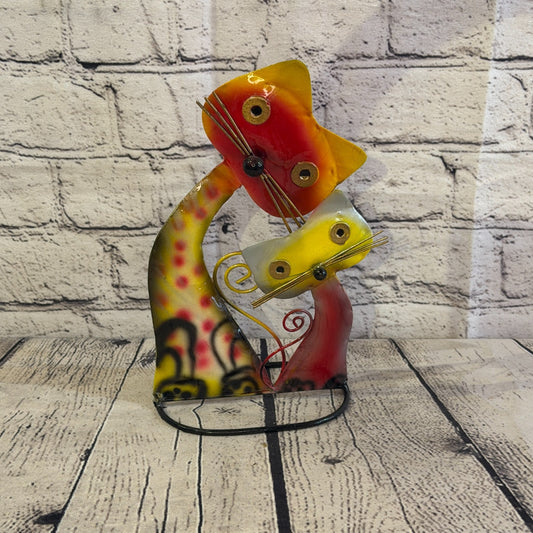 25cm x 15cm Double Cat Orange Metal Tin Standing Ornament Statue0
