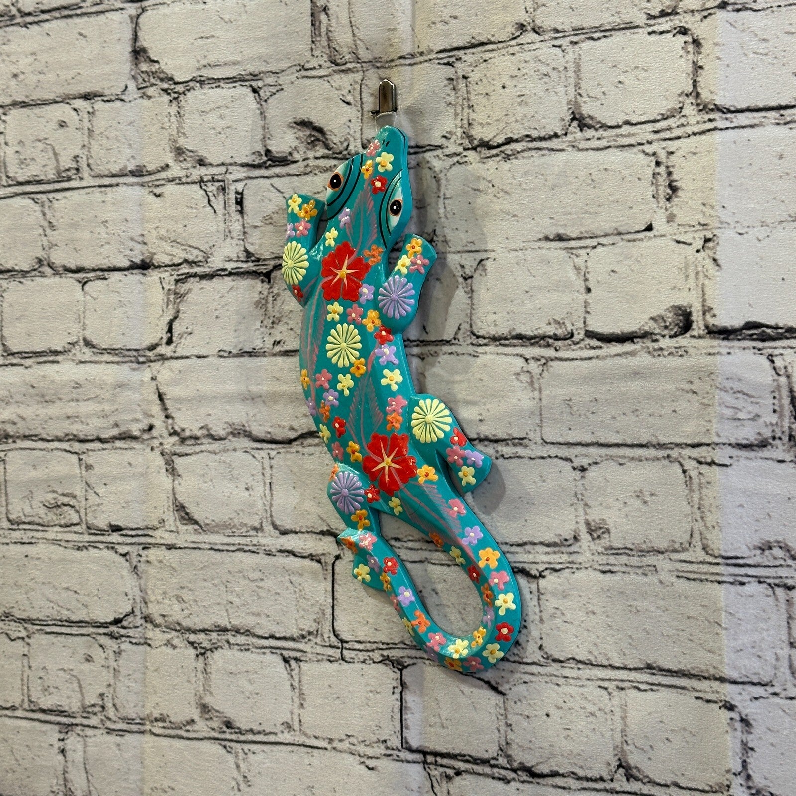 30cm Gecko Lizard Light Blue Flower Wood Wall Hanging Wooden Ornaments Carving1