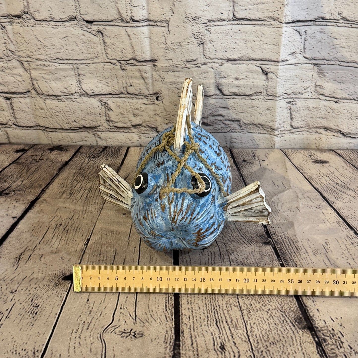 Blue White Fins Folk Art Painted Puffer Fish Coconut Shell Ornaments Hanging7