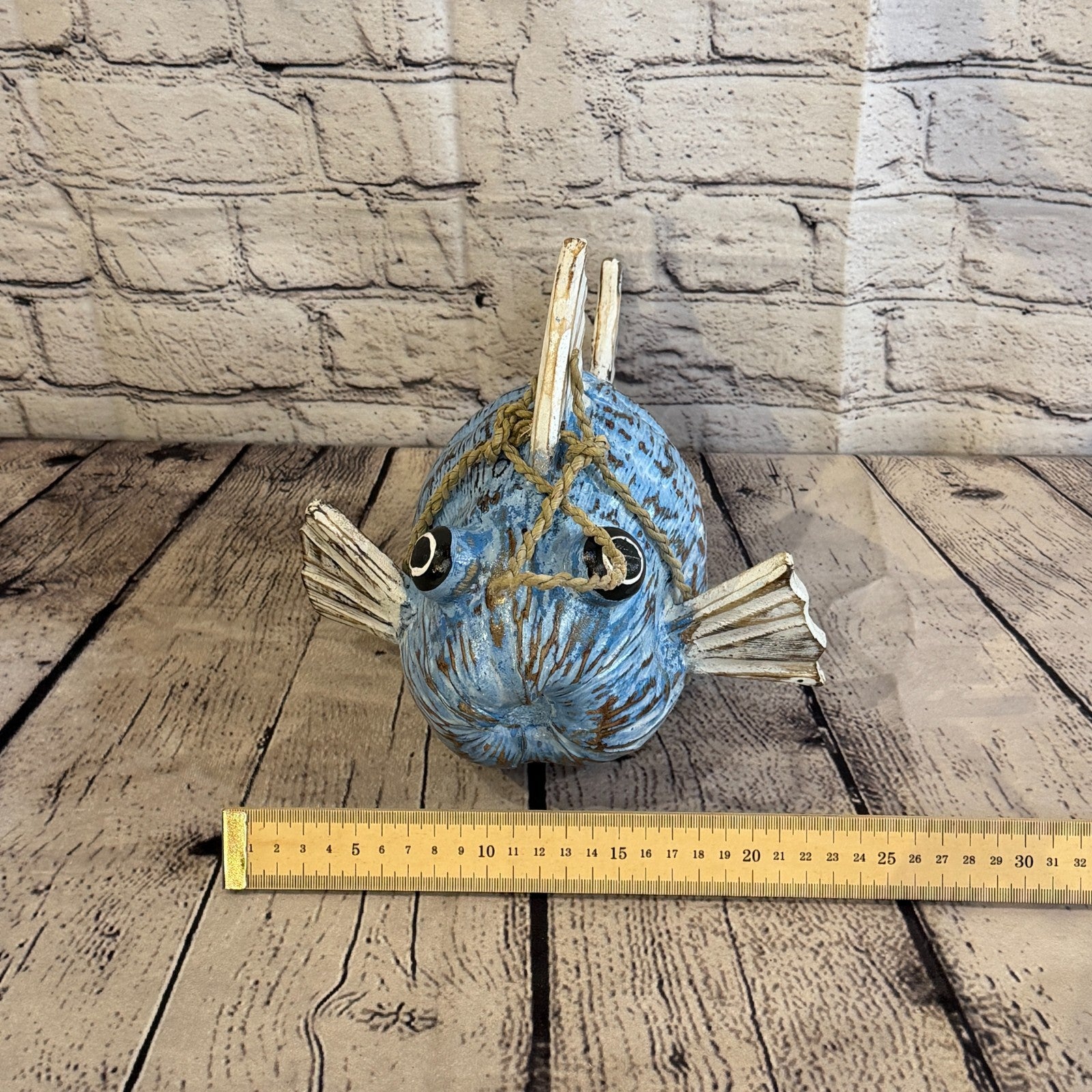 Blue White Fins Folk Art Painted Puffer Fish Coconut Shell Ornaments Hanging7