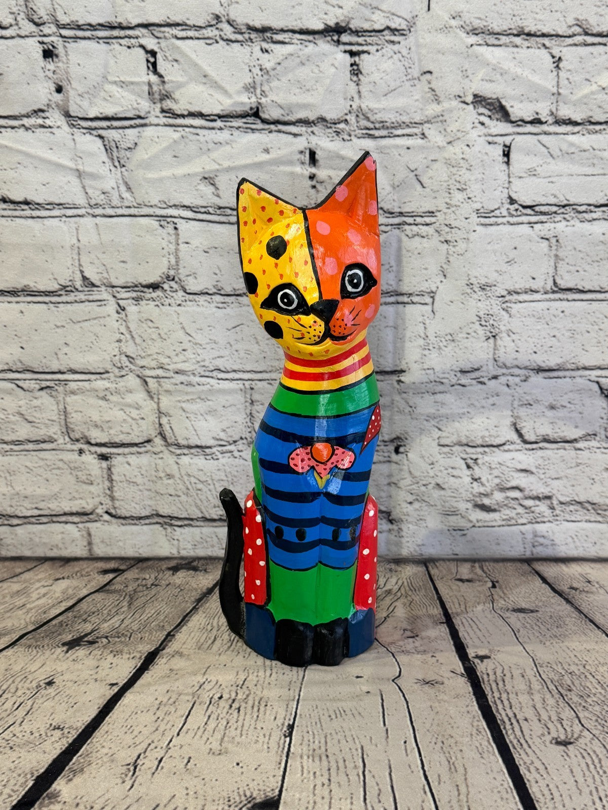 30cm Bright Mix Flower Wooden Shabby Cat Statue Ornament Fair Trade Handcarved0